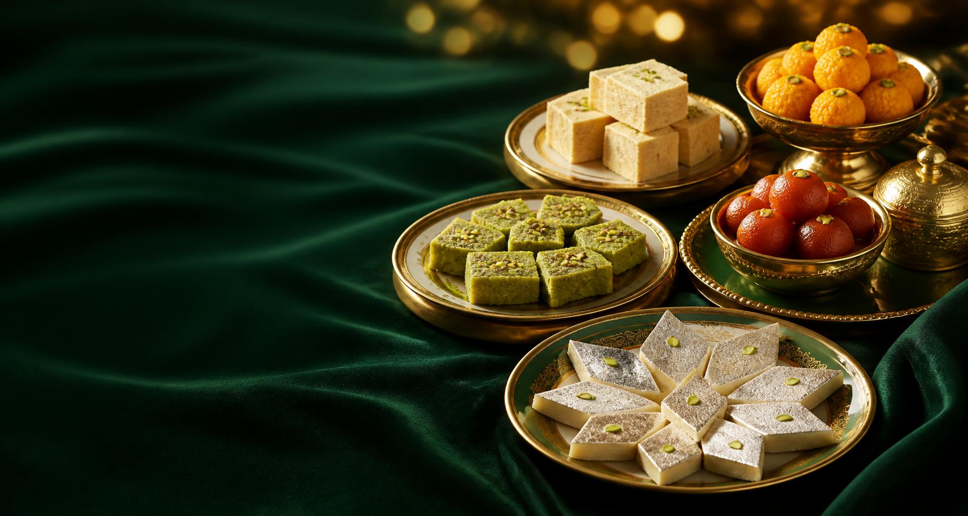 Badshah mithai on golden plates over emerald silk